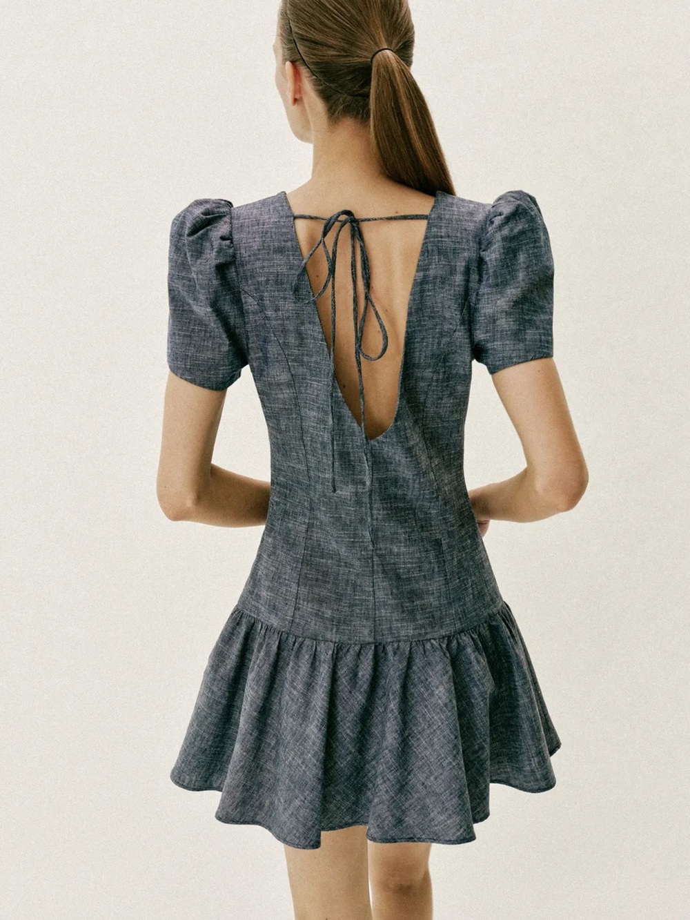 Zara Puff-Sleeve Mini Dress in Heathered Blue - Picture 4 of 8